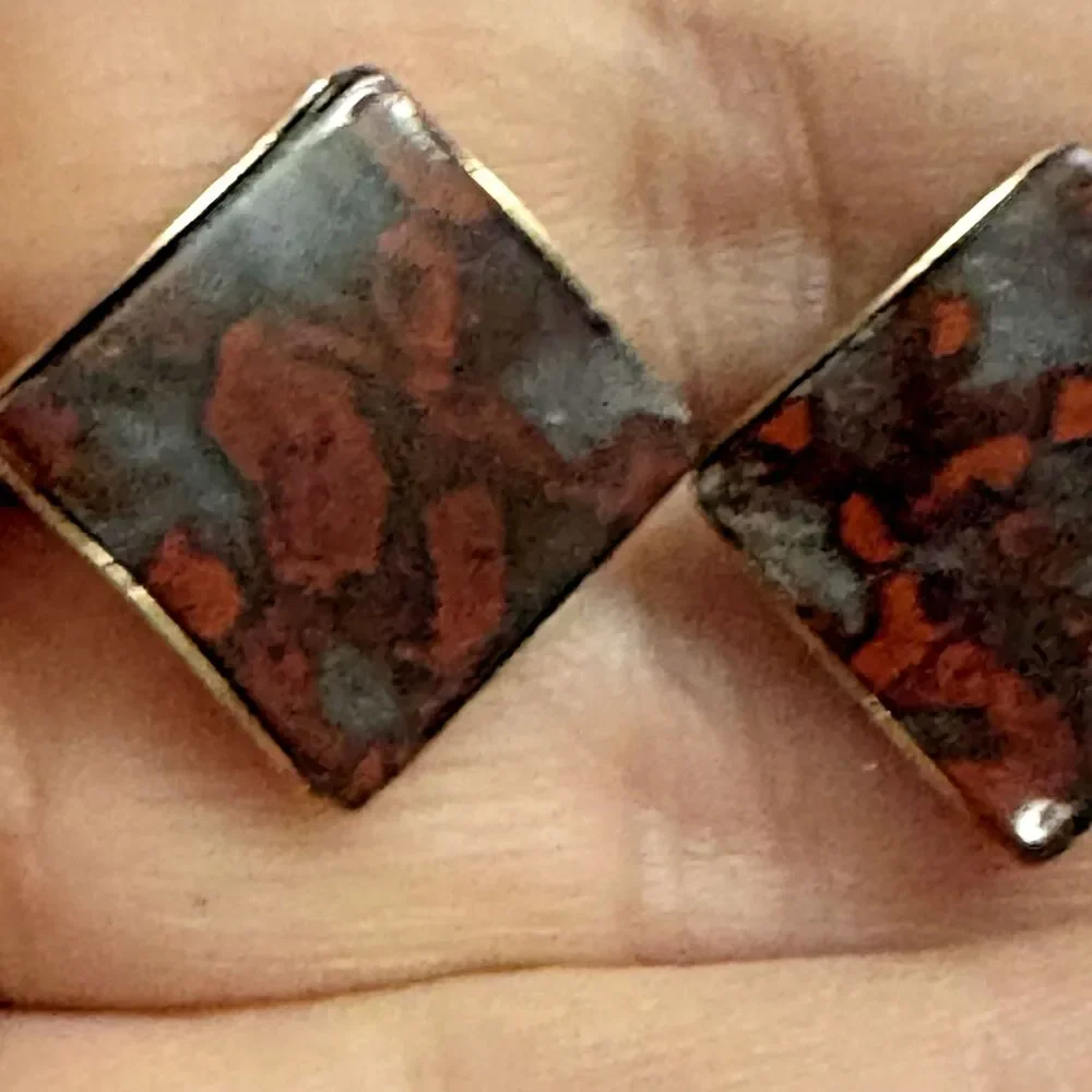 Vintage Square Cufflinks Marbled Red Brown Inlay Goldtone 0.5 inch
